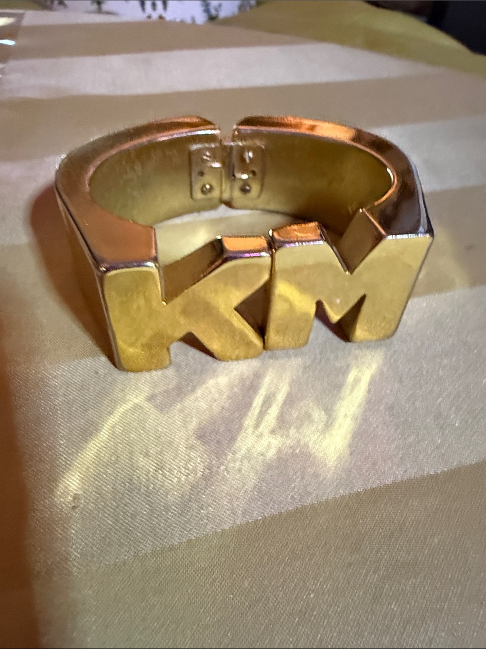 Vintage Gold Tone KM Initial Hinged Bangle Bracelet